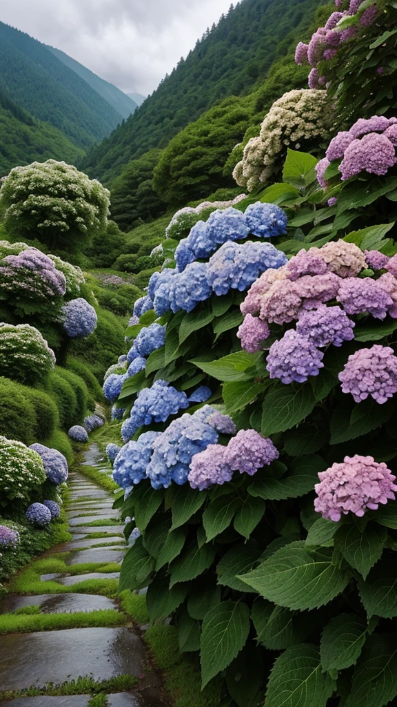 Detailed hydrangea:1.1,Swarms,Detailed Rain Falling:1.2,Ghibli style,In the mountains,mysterious