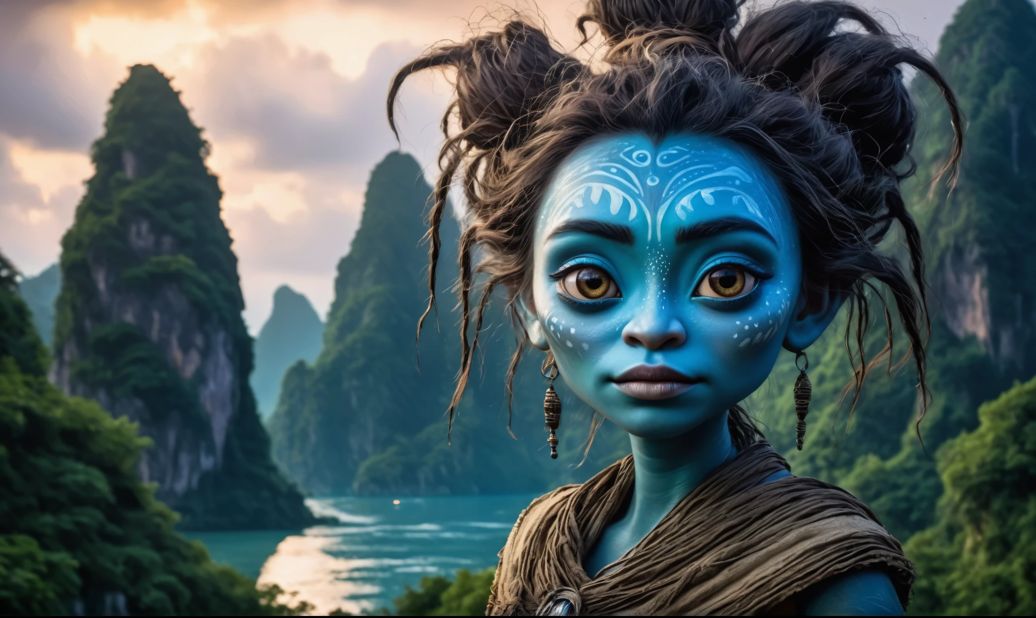view from height,full-body-shot,charcoal The Alien Entity Moana, sassiness temper,natural skin textures, hyper realisitc, hyper detailed,Extremely detailed,High contrast, ,Realistic,Ultra Detailed,intricate details,realistic humid skin,extremely intricate,Epic Realistic, Romantic, cinematic style,irina yermolova, messy hair,luminous eyes,extremely detailed, [night landscape],masterpiece,intricate details,faded,eyes extremely detailed, high detailed eyes,32k resolution, Nikon Z9,orc's village of fishers on Li River in  National Forest Park,full body length,mother-of-bismuth TAUN WE from star wars,ominous landscape,flying islands on background in dangerous atmosphere,intricate details,realistic humid skin,extremely intricate details,anatomically correct,faded,eyes extremely detailed, high detailed eyes,UHD,Retina,HDR,natural skin textures, hyper realism, hyper detailed,High contrast,Realism,Ultra Detailed,irina yermolova,close full body shot, masterpiece,faded,32k resolution, Nikon Z9,sunset, a Tim Burton-inspired dreamscape,Bun Hair,(Folk clothes:1.5)