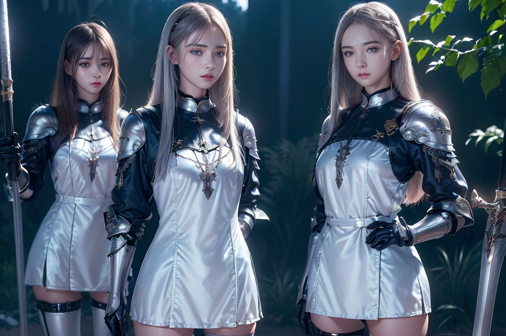 Top quality, masterpiece, very high resolution, (photorealistic: 1.4), Raw photo, 2 girls, long straight blond hair cut in a bob, light blue eyes, (beautiful breasts)、shiny skin、(( (beautiful detailed European faces)))、With a beautiful sword and shield、gorgeous and resplendent luminous girls,(Beautiful silver sexy armor、(((Random straight hair))),(((beautiful legs))), (proportionate breasts ), Seductive look, ((Background of beautiful decaying dungeon ruins)), (Ultimate beauty), (Detailed and realistic beauty face), (Fighting demonic beasts), (Small LED), ((Super realistic details)), portlate, global lighting, Shadow, octane rendering, 8k, ultra-sharp, exposed raw skin in neckline, metals, Intricate ornament details, very intricate details, Lightweight and realistic (Mystical expression), CGSoation trend, bright eyes, Facing the camera), Gundam, Small LED.