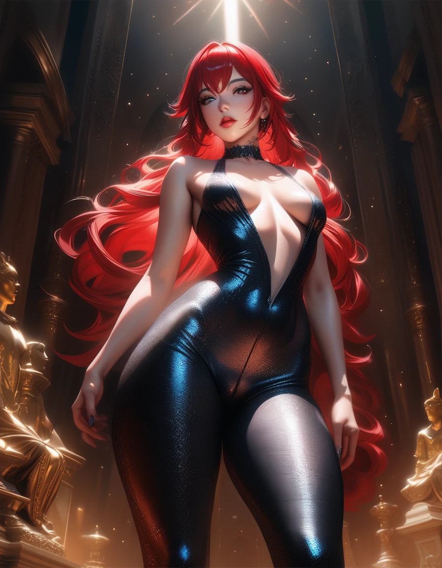 Rias Gremory with long crimson red hair, wearing a tight-fitting black and red star-patterned leggings, posing to show off her plump and large buttocks, beautiful detailed eyes, beautiful detailed lips, extremely detailed face and figure, hyper realistic, intricate details, cinematic lighting, dramatic colors, vibrant, glossy, volumetric, chiaroscuro, dramatic contrast, high resolution, masterpiece, 8k, photorealistic