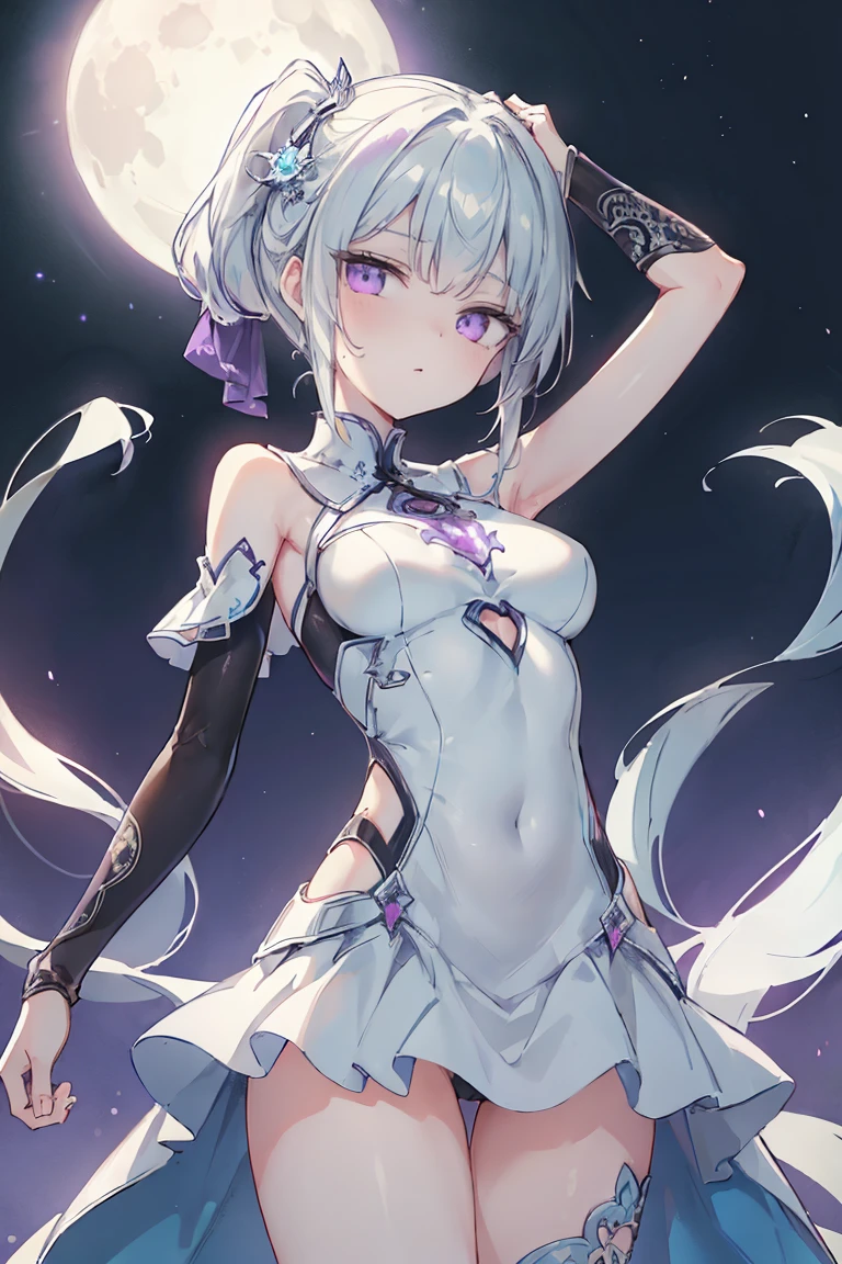 1girl, アニメ, cute girl, blank background, white background, fantasy, detailed fantasy dress with highlights, beautiful face, beautiful eyes, dark colors, black hair with multicolor streaks, red eye with different color pupil in eye, multicolor eye, medium breasts, slight cleavage, beautiful skin, cute, breast curtains, extremely delicate and beautiful, (beautiful detailed face:1.0), (detailed deep eyes), symmetrical breasts, deep eyes, shiny skin, portrait, slender waist, hips wider than shoulders, thighs, expressionless, young girl, luminous eyes, adorable,(Kpop idol),(aegyo sal:1),(Platinum blonde hair:1),((puffy eye)),Black panty,sexy posture,Superskirt, Ultra-high resolution,Black collar,slim figure, Abdominal y tattoo, womb tattoo,Tight-fitting leg ring,y tattoo on half-body,Bare skin, Armored hand,Hidden fingertips,Hand covered,Arm covered,Fist covered,{{beautiful detailed fingers}}, tufts of hair, moderate beautiful breast:1.0,(masterpiece:1.2), best quality, high-res, HDR, perfect face, intricate armor, delicate blue filigree, intricate filigree, red metalic parts, detailed part, dynamic pose, dynamic lights, cute face, neutral expression, shuimobysim, lotus, Hanfu, maxi skirt, dress conservatively 1girl, 独奏, long blue hair, standing, One lady,14years,((White hair) ,(Shiny purple bodysuit with microskirt),((Fantasy, Moon Night)), gradient_eyes,