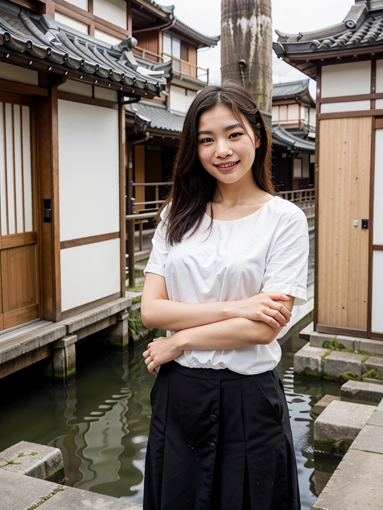 Smiling Asian woman with Kyoto river in the background