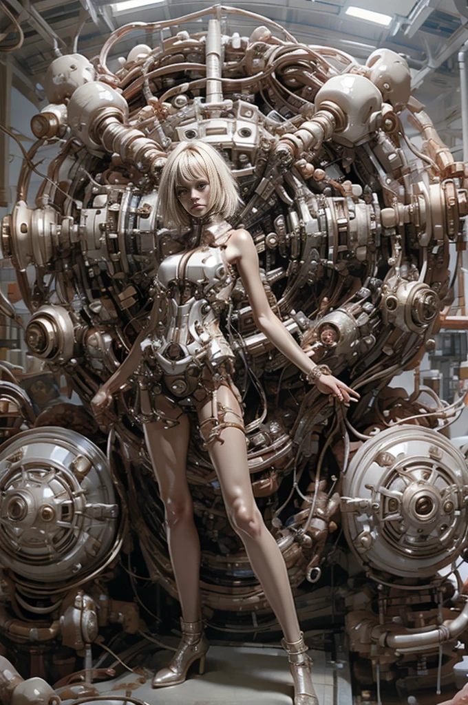 A full-length figure of a cool girl wearing a detailed mechanical armored suit. Exposed wiring, lots of cords and tubes connecting to the system. nsfw,bdsm,pov