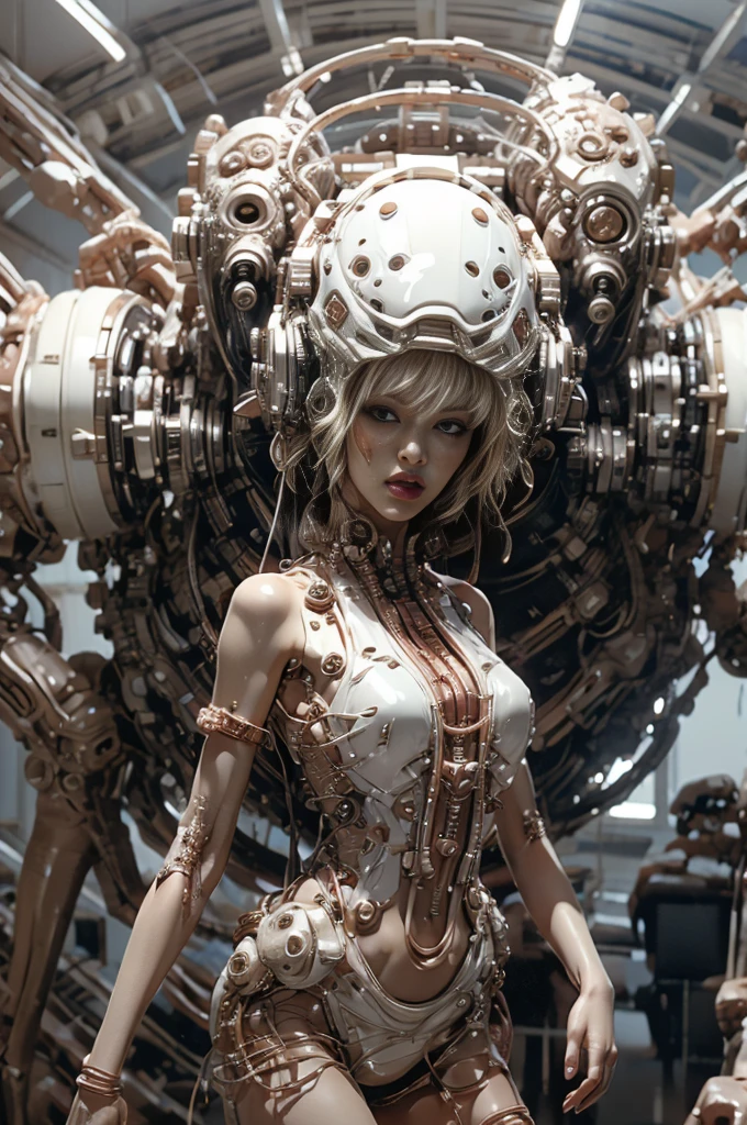 A full-length figure of a cool girl wearing a detailed mechanical armored suit. Exposed wiring, lots of cords and tubes connecting to the system. nsfw,bdsm,pov