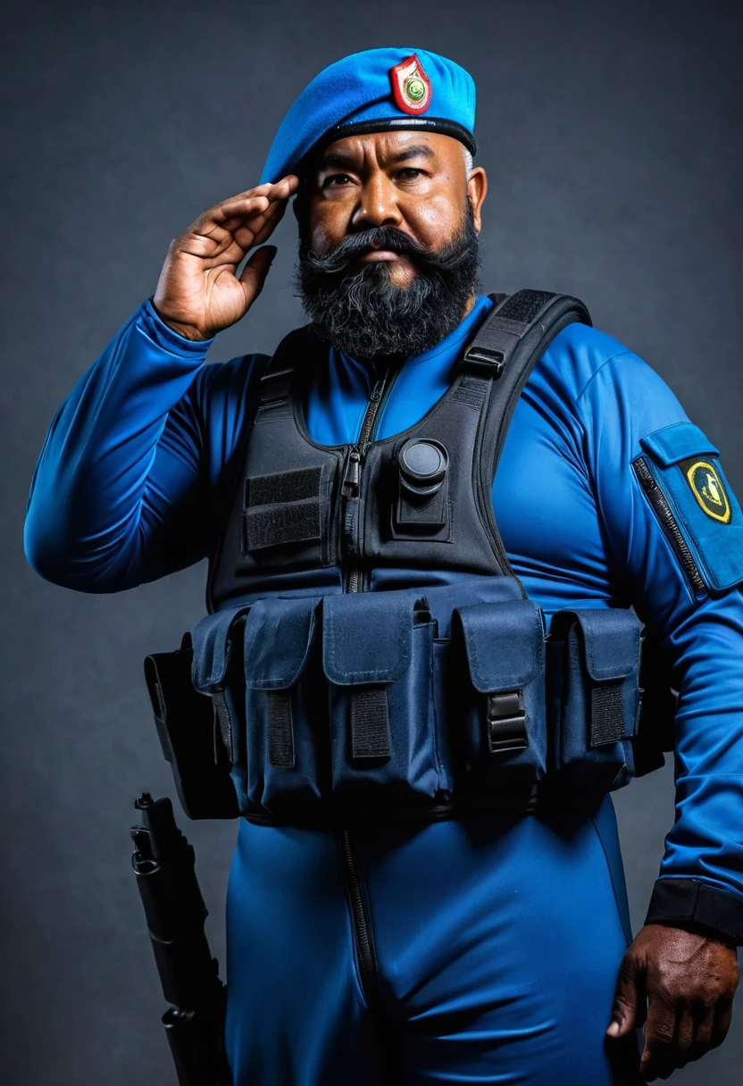(a dark-skinned bearded fat old man in a bulky blue zipper diver suit) saluting, carrying a gun in holster and (wearing army beret), muscular, Basuki Abdullah, sumatraism, action, a character portrait, heroic, fierce, angry