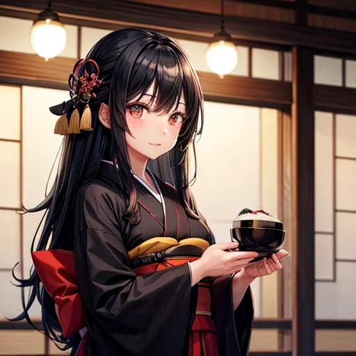 A woman with long black hair wearing a kimono is making sushi