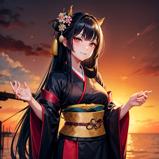 A woman with long black hair wearing a kimono is making sushi