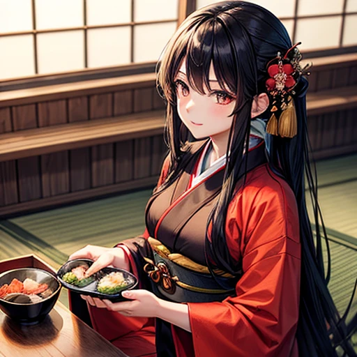 A woman with long black hair wearing a kimono is making sushi