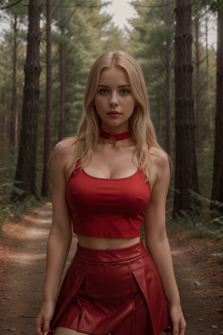 1 woman、Masterpiece、premium、Straight blonde hair、She wears a red crop top and a red choker skirt 、Big full breasts in the forest