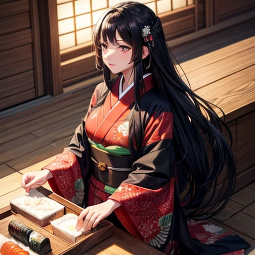 A woman with long black hair wearing a kimono is making sushi