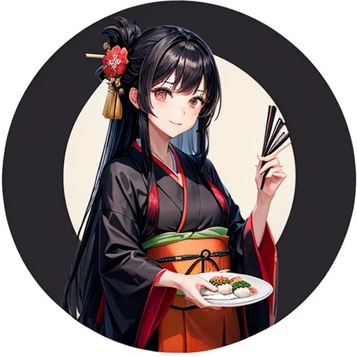 Bangs, (Red Eyes:1.5), Hair Ribbon, One side upPerfect body, japanese clothes, kimono, apron, waitress, fox