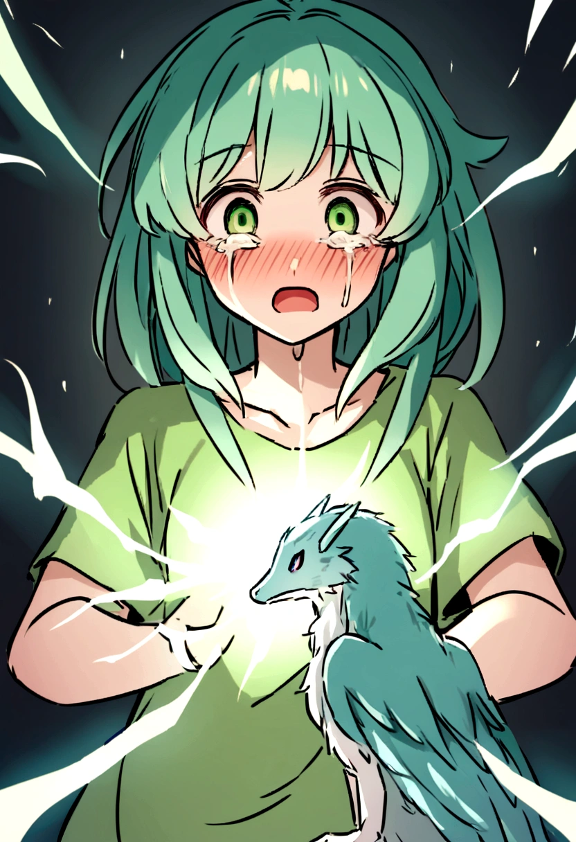 Her mother discovers the transformed [Pina] A YOUNG GIRL WEARING LIGHT GREEN TISHIRT AND GREEN PAJAMA HER, her face a mix of shock and sorrow as she realizes what has happened