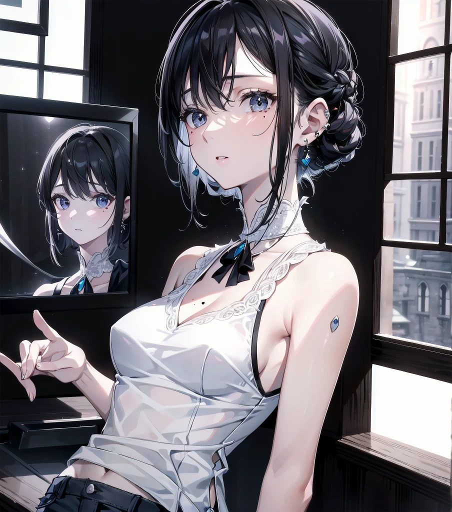 absurdres, RAW photo, extremely delicate and beautiful, masterpiece, Best Quality, ultra high resolution, 32k, hyperrealistic, ultra-detailed, in her 20s, delicate facial features, tearful mole, earring, medium breasts, whole body shot, shorter middle hair, black hair, Sleeveless shirt, shorts,