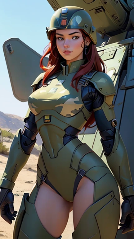 1woman 20 years old, sculpted, israel military, wearing a soldier helmet, beautiful, perfect body, realistic, red hair, perfect body, thin waist, full outfit, wide hips, large breasts, slim thighs, jungle background, armored vehicle, flying fighters, military robot dog, camouflaged uniform, wealth of details, tight panties marking on the front, head to toe, highly detailed, high resolution, prefect hands