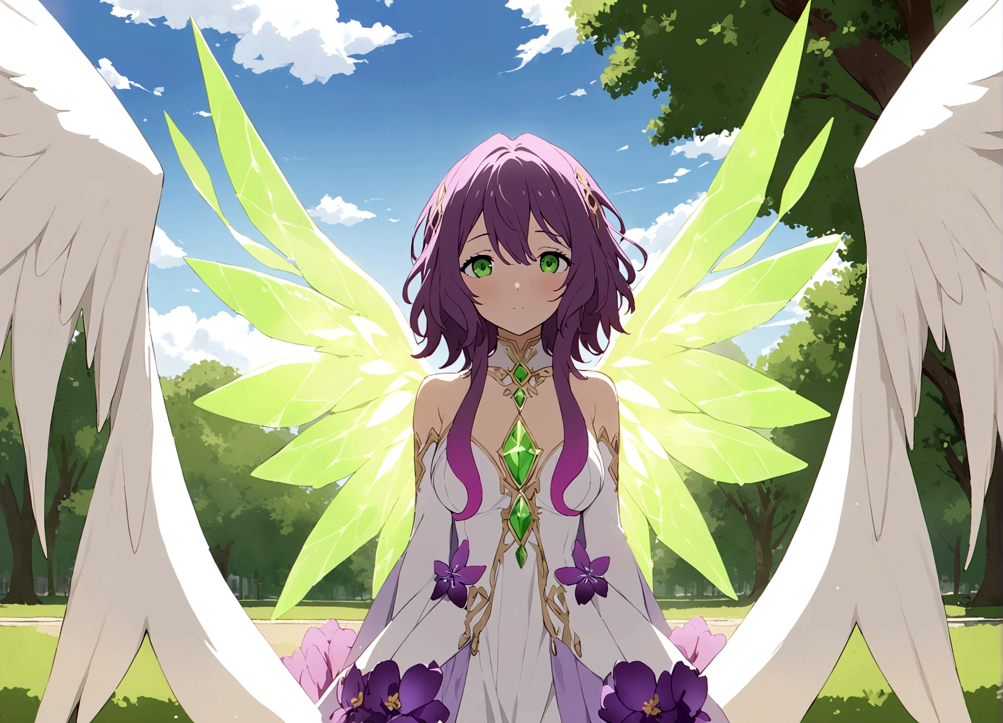 A eldritch angel (central body of a violet lion, 6 pairs of radiant crystal wings, numerous white tentacle eyestalks with neon green eyes) has appeared in a holy corona and approaching the viewer set in a park in daytime