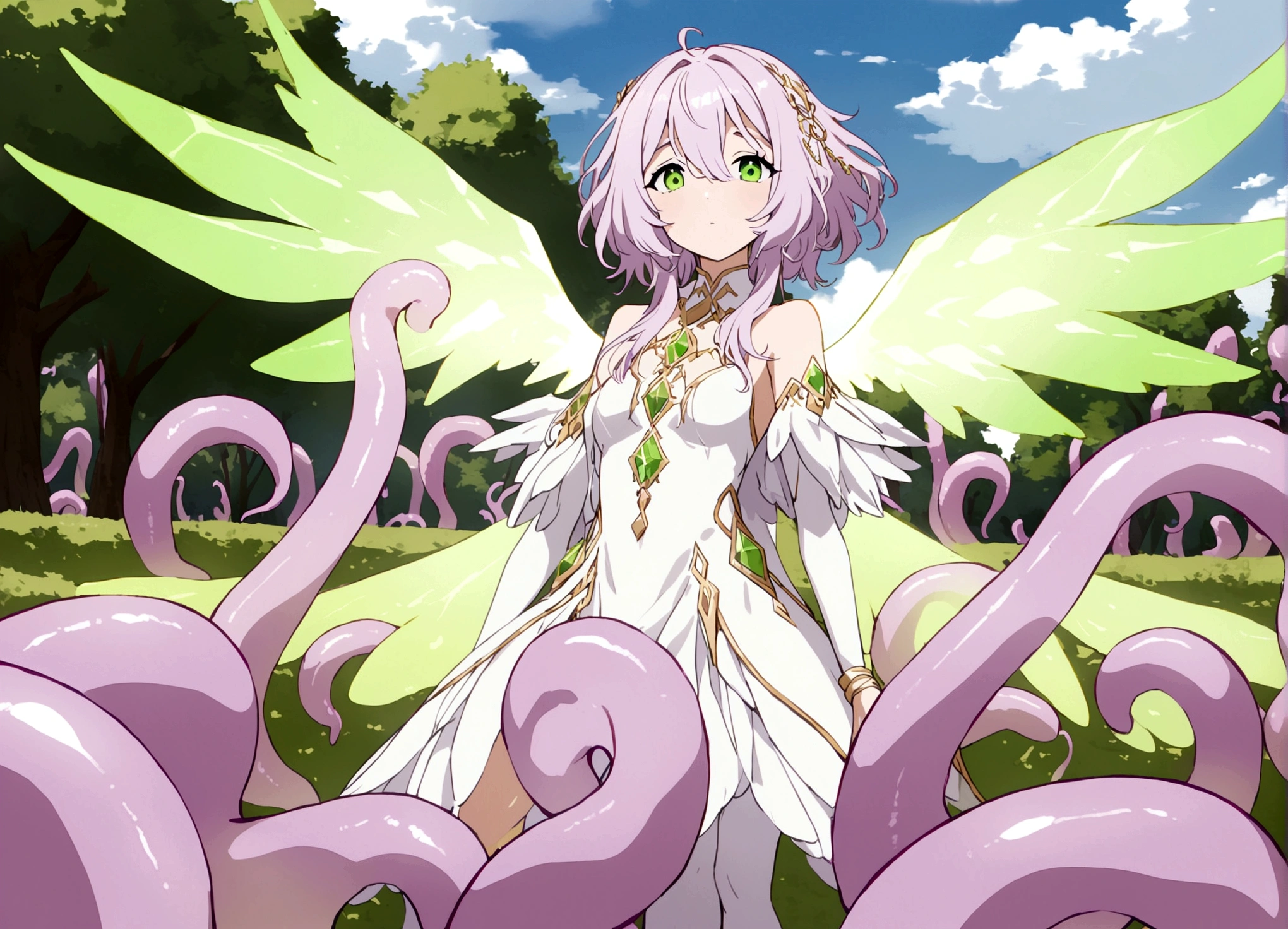 A eldritch angel (central body of a violet lion, 6 pairs of radiant crystal wings, numerous white tentacle eyestalks with neon green eyes) has appeared in a holy corona and approaching the viewer set in a park in daytime
