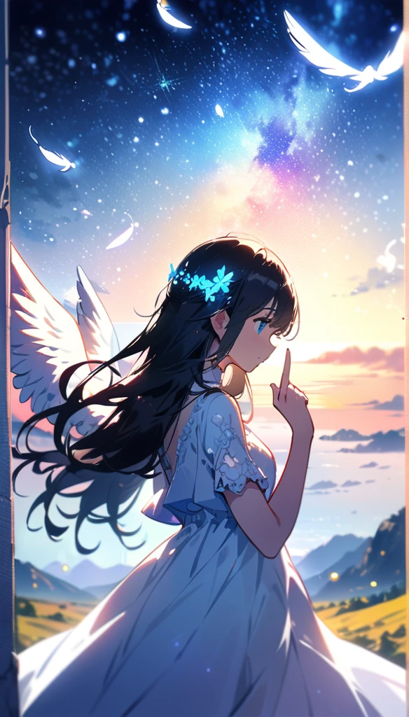 (best quality:1.2),(hands finger 5 digits:1.3),(extremely delicate and beautiful:1.3),(detailed ultra detailed:1.2),(scenery clear details:1.2),(scenery crystal clear :1.2),(solo),(blue eyes),(long white long hair),(white dress),(angel wings),(floating white feathers,starry sky),(clusters of stars,starry sky),(glinting stars),(solo),(long silver long hair),(best quality:1.2),(hands finger 5 digits:1.3),(extremely delicate and beautiful:1.3),(detailed ultra detailed:1.2),(scenery clear details:1.2),