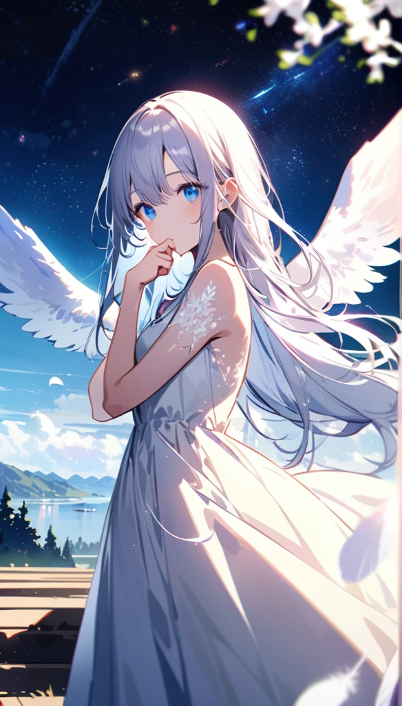 (best quality:1.2),(hands finger 5 digits:1.3),(extremely delicate and beautiful:1.3),(detailed ultra detailed:1.2),(scenery clear details:1.2),(scenery crystal clear :1.2),(solo),(blue eyes),(long white long hair),(white dress),(angel wings),(floating white feathers,starry sky),(clusters of stars,starry sky),(glinting stars),(solo),(long silver long hair),(best quality:1.2),(hands finger 5 digits:1.3),(extremely delicate and beautiful:1.3),(detailed ultra detailed:1.2),(scenery clear details:1.2),