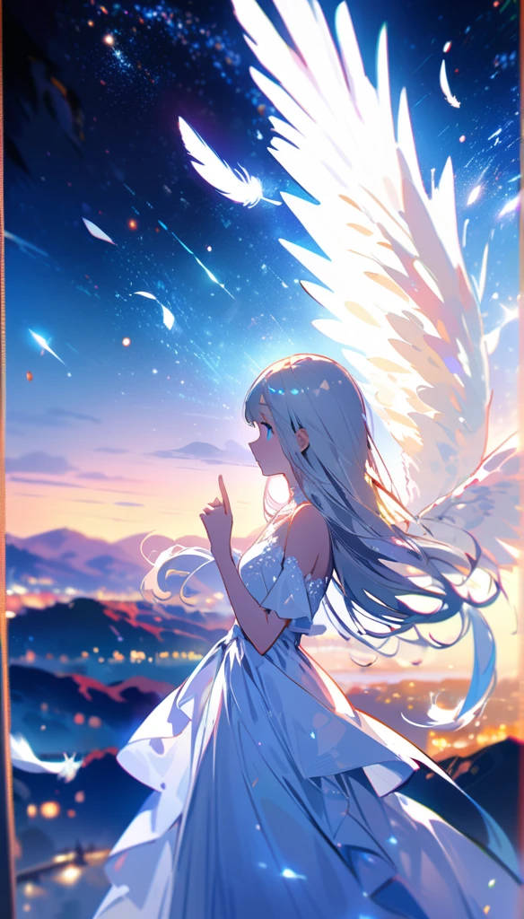 (best quality:1.2),(hands finger 5 digits:1.3),(extremely delicate and beautiful:1.3),(detailed ultra detailed:1.2),(scenery clear details:1.2),(scenery crystal clear :1.2),(solo),(blue eyes),(long white long hair),(white dress),(angel wings),(floating white feathers,starry sky),(clusters of stars,starry sky),(glinting stars),(solo),(long silver long hair),(best quality:1.2),(hands finger 5 digits:1.3),(extremely delicate and beautiful:1.3),(detailed ultra detailed:1.2),(scenery clear details:1.2),