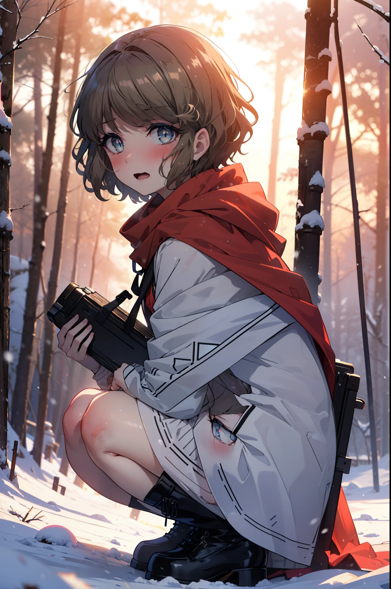 tomoekoga, Chie Koga, short hair, Brown Hair, blue eyes, hair band,smile,blush,White Breath,Medium Chest,
Open your mouth,snow,Ground bonfire, Outdoor, boots, snowing, From the side, wood, suitcase, Cape, Blurred, having meal, forest, White handbag, nature, Squat, Mouth closed, Cape, winter, Written boundary depth, Black shoes, red Cape break looking at viewer, Upper Body, whole body, break Outdoor, forest, nature, break (masterpiece:1.2), Highest quality, High resolution, unity 8k wallpaper, (shape:0.8), (Beautiful and beautiful eyes:1.6), Highly detailed face, Perfect lighting, Highly detailed CG, (Perfect hands, Perfect Anatomy),