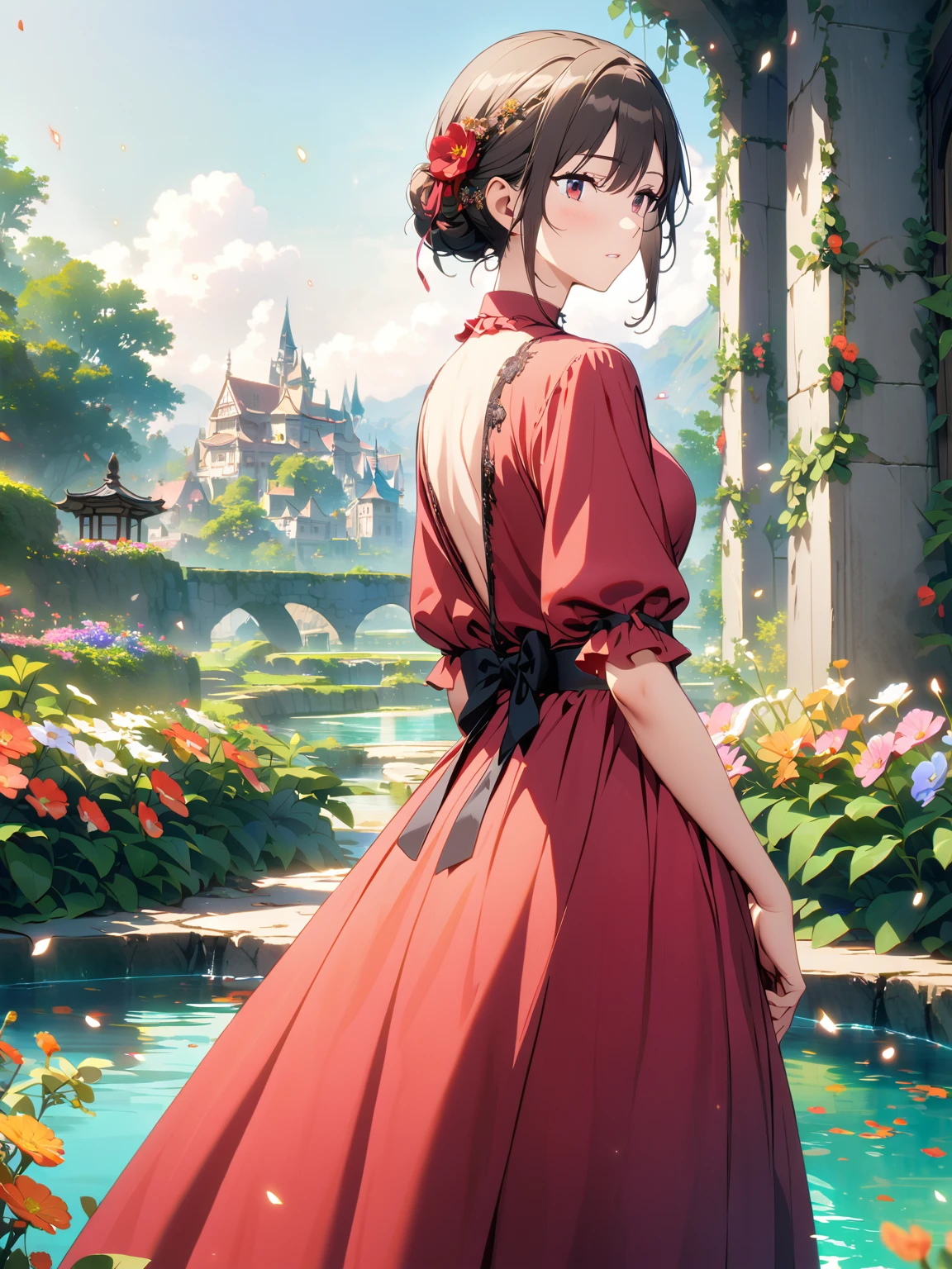 Very delicate and beautiful，非常にdetailed，CG，Unity，8k wallpaper，wonderful，detailed，masterpiece，The best quality in the best condition，Official Art，非常にdetailed CG 8k Unbelievably ridiculous resolution,Beautiful and exquisite,High resolution，非常にdetailedな目と顔,garden with flowers,Dressed in a red dress,  turn around,Standing on the water,