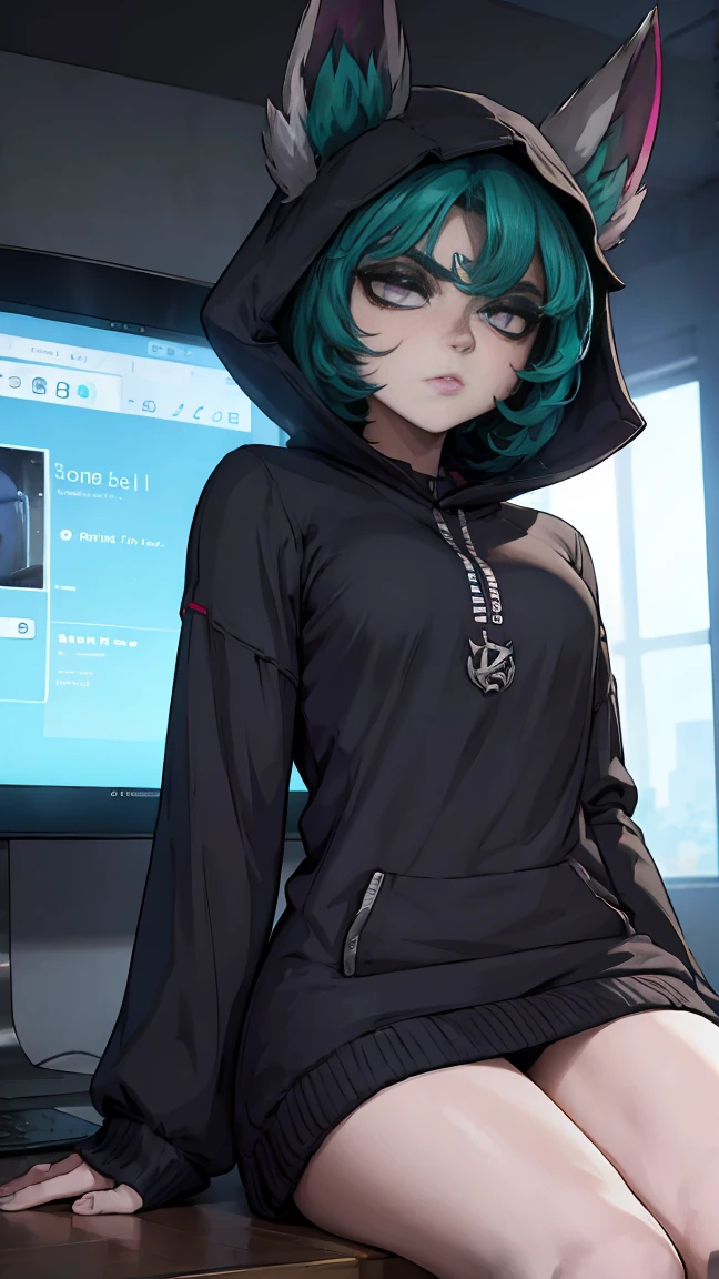 girl, large black sweatshirt, sitting posture, calm look, a dark room, evil eyes, glowing skin, Looking ahead, facial expression