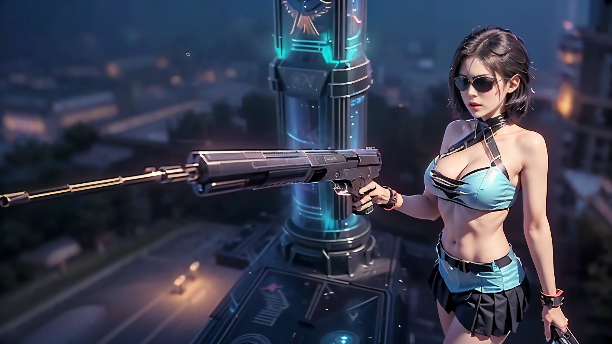 (aerial view). at night, futuristic sci-fi cyberpunk city, broad viaduct, skyscrapers at the end of the viaduct, the movie "13th Floor" style, (((((voltex-spirit-spreading giant clock tower as time machine))))), hq. Matrix style, at night, (1girl, solo), photo realistic, (large-breast:1.2 slim body, cleavage:1.3), (((tube top, extreamly short pleated (((miniskirt))) exposing panty))), (((((matrix style black sunglasses))))), (((((aiming at camera with a (pistol)))))), (((half-body (thigh level) medium shot))), (cinematic lighting).