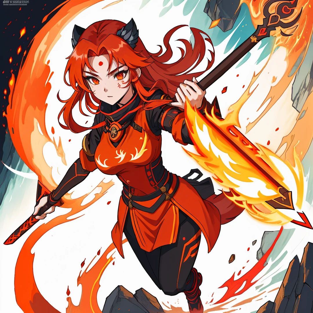 anime girl with red hair holding a fire stick and a staff, fire!! whole body, fire mage, appears as the fire goddess, goddess of fire, fire goddess, Fox and bush, hot fire goddess, Ayaka Genshin Impact, lava and fire goddess, she has fire powers, Anime Goddess, Makeup Gremory, fire demon, Anime Character Art,The details are clear,Clear facial features