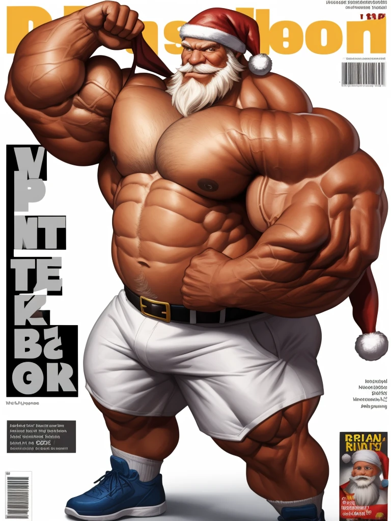 Magazine cover. solo, 1boy, perfect anatomy, ground view, wrinkles skin, low shoot, down view, perfect proportion, gift, thick body, thick thighs, big red bad, sharp eyes, big eyes, smile, santa claus, long bearded, 1m beards, perfect fingers, big hand, fingers. Huge Muscular Old man with short hair, shoes ,(white shorts), view from side, pectoral, thick arms, huge pectoral, wide pectoral, white hair, white beards, simple background, masterpiece, semirealistic:1.2, high detailed, 8k, high resolution, perfect center, full view. ((really big muscle, massive muscular, sixpack, thick arms, wide pectoral, super huge muscle, hyper muscular, over sized muscle, huge arms, big arms, huge pectoral))