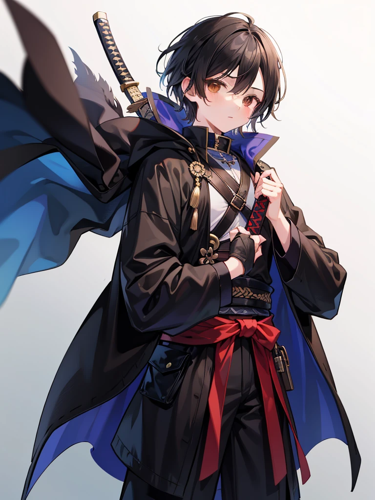 masculine teenage boy, medium length black hair, brown eyes, black cloak, holding sheathed katana