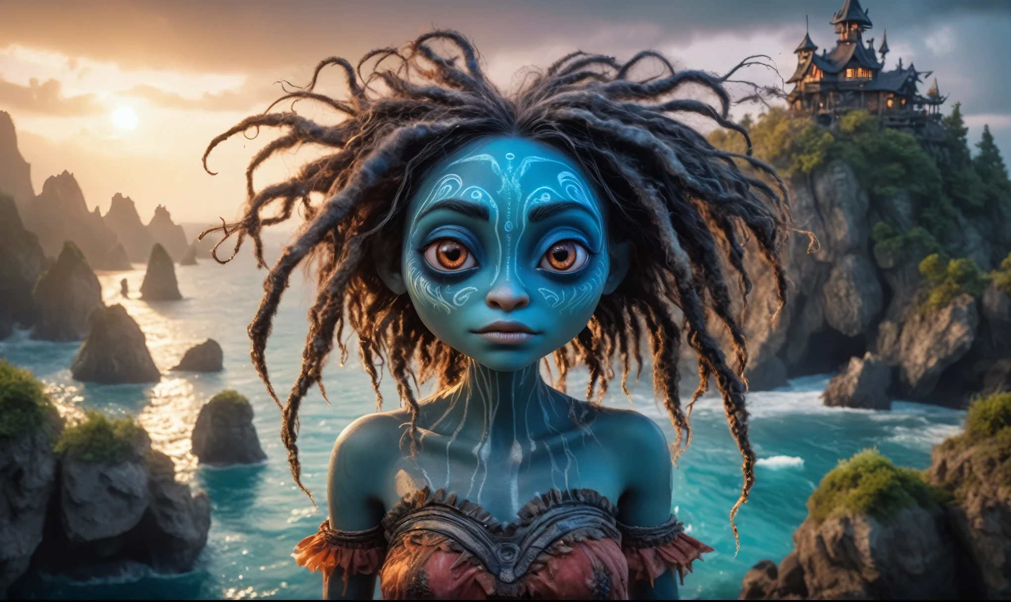view from height,full-body-shot,obsidian The Alien Entity Moana, sassiness temper,natural jellyfish's skin textures, hyper realisitc, hyper detailed,Extremely detailed,High contrast, ,Realistic,Ultra Detailed,intricate details,realistic humid skin,extremely intricate,Epic Realistic, Romantic, cinematic style,irina yermolova, messy hair,extremely detailed, ,masterpiece,intricate details,faded,eyes extremely detailed, high detailed eyes,32k resolution, Nikon Z9,orc's village of fishers,National Forest Park,full body length,mother-of-marble,ominous landscape,floating islands on background in dangerous atmosphere,intricate details,realistic humid skin,extremely intricate details,anatomically correct,faded,eyes extremely detailed, high detailed eyes,UHD,Retina,HDR,natural skin textures, hyper realism, hyper detailed,High contrast,Realism,Ultra Detailed,irina yermolova,close full body shot, masterpiece,faded,32k resolution, Nikon Z9,sunset, a Tim Burton-inspired dreamscape,Bun Hair,(Folk clothes:1.5),Mestichino,Light particles,marble's leather