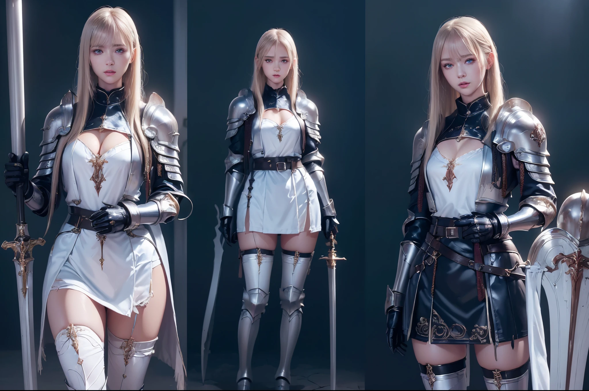 Top quality, masterpiece, very high resolution, (photorealistic: 1.4), Raw photo, 2 girls, long straight blond hair cut in a bob, light blue eyes, (beautiful breasts)、shiny skin、(( (beautiful detailed European faces)))、With a beautiful sword and shield、gorgeous and resplendent luminous girls,(Beautiful silver sexy armor、(((Random straight hair))),(((beautiful legs))), (proportionate breasts ), Seductive look, ((Background of beautiful decaying dungeon ruins)), (Ultimate beauty), (Detailed and realistic beauty face), (Fighting demonic beasts), (Small LED), ((Super realistic details)), portlate, global lighting, Shadow, octane rendering, 8k, ultra-sharp, exposed raw skin in neckline, metals, Intricate ornament details, very intricate details, Lightweight and realistic (Mystical expression), CGSoation trend, bright eyes, Facing the camera), Gundam, Small LED.