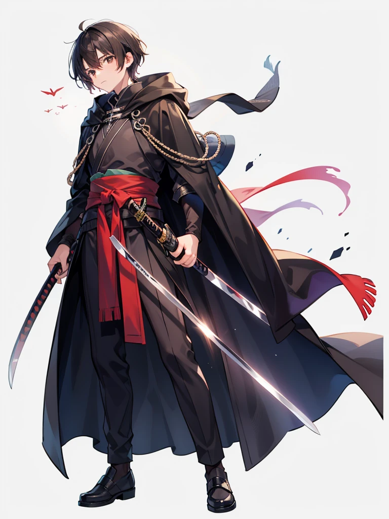 masculine teenage boy, medium length black hair, brown eyes, black cloak, holding sheathed katana