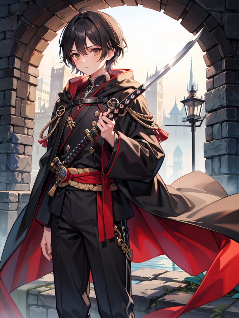 masculine teenage boy, medium length black hair, brown eyes, black cloak, holding sheathed katana