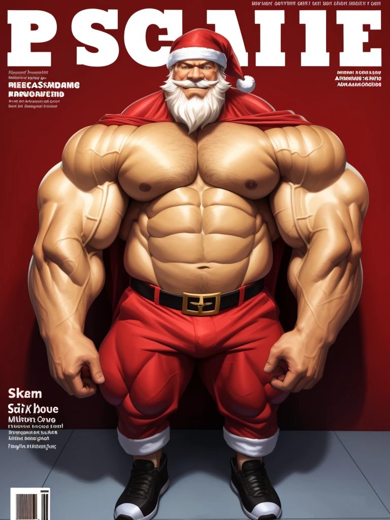 Magazine cover. solo, 1boy, perfect anatomy, ground view, wrinkles skin, low shoot, down view, perfect proportion, huge, sharp eyes, big eyes, smile, santa claus, long bearded, 1m beards, perfect fingers, big hand, fingers. Huge Muscular Old man with short hair, shoes ,(white shorts), view from side, pectoral, thick arms, huge pectoral, wide pectoral, white hair, white beards, simple background, masterpiece, semirealistic:1.2, high detailed, 8k, high resolution, perfect center, full view. ((really big muscle, massive muscular, sixpack, thick arms, wide pectoral, super huge muscle, hyper muscular, over sized muscle, huge arms, big arms, huge pectoral))