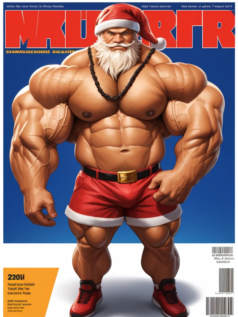 Magazine cover. solo, 1boy, perfect anatomy, ground view, wrinkles skin, low shoot, down view, perfect proportion, huge, sharp eyes, big eyes, smile, santa claus, long bearded, 1m beards, perfect fingers, big hand, fingers. Huge Muscular Old man with short hair, shoes ,(white shorts), view from side, pectoral, thick arms, huge pectoral, wide pectoral, white hair, white beards, simple background, masterpiece, semirealistic:1.2, high detailed, 8k, high resolution, perfect center, full view. ((really big muscle, massive muscular, sixpack, thick arms, wide pectoral, super huge muscle, hyper muscular, over sized muscle, huge arms, big arms, huge pectoral))