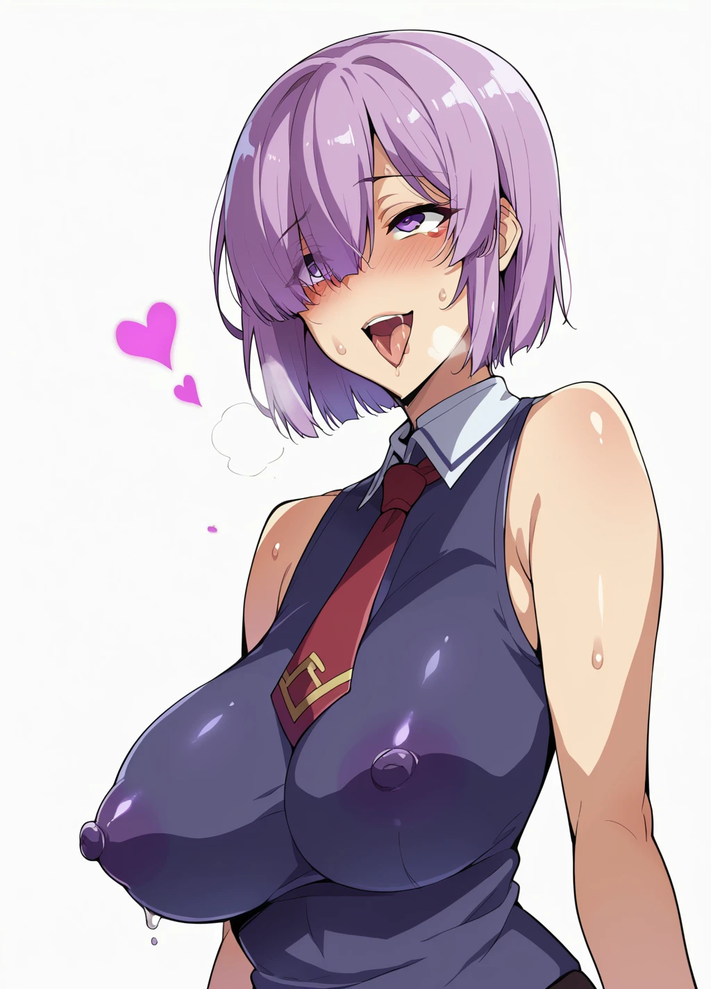 Ultra-detailed illustrations、Ultra-precise expression、masterpiece、Highest quality、ultra High resolution、High resolution、Hiromitsu Takeda Style、White background、Simple Background、One girl、solo、Mash Kyrielight、light purple hair,short hair,hair over one eyes、No sleeve, White collar、Red tie、Purple eyes、Vulgar expression、ahegao、smile、Open your mouth、blush、Large Breasts、Big Breasts、Erect nipples、Choker of Hearts、White Breath、Sweat、Glowing Skin、shiny skin、