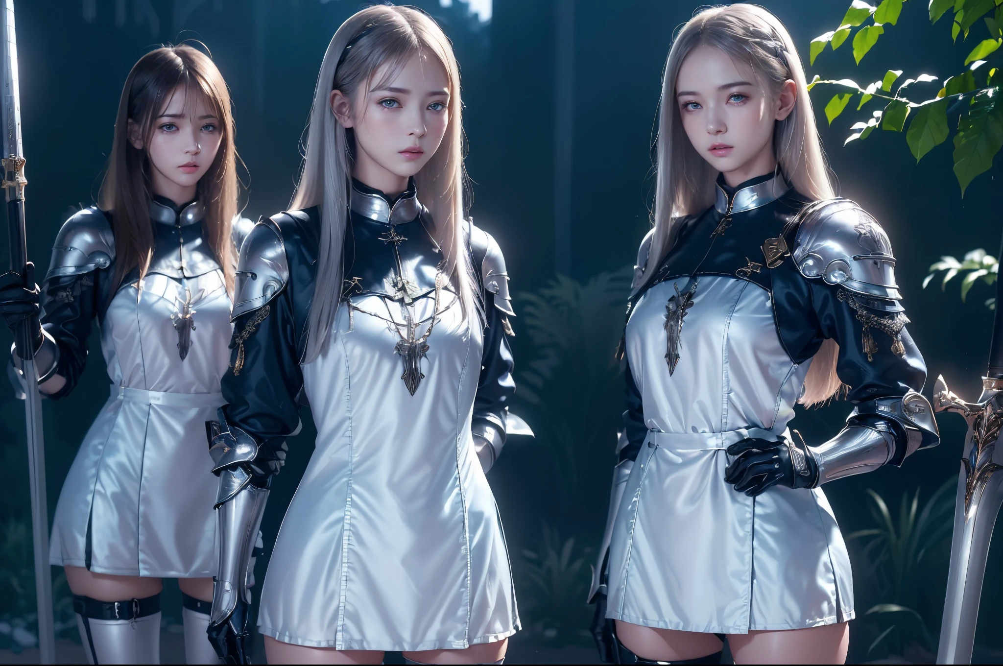 Top quality, masterpiece, very high resolution, (photorealistic: 1.4), Raw photo, 2 girls, long straight blond hair cut in a bob, light blue eyes, (beautiful breasts）、shiny skin、(( (beautiful detailed European faces)))、With a beautiful sword and shield、gorgeous and resplendent luminous girls,（Beautiful silver sexy armor、(((Random straight hair))),(((beautiful legs))), (proportionate breasts ), Seductive look, ((Background of beautiful decaying dungeon ruins)), (Ultimate beauty), (Detailed and realistic beauty face), (Fighting demonic beasts), (Small LED), ((Super realistic details)), portlate, global lighting, Shadow, octane rendering, 8k, ultra-sharp, exposed raw skin in neckline, metals, Intricate ornament details, very intricate details, Lightweight and realistic (Mystical expression), CGSoation trend, bright eyes, Facing the camera), Gundam, Small LED.

