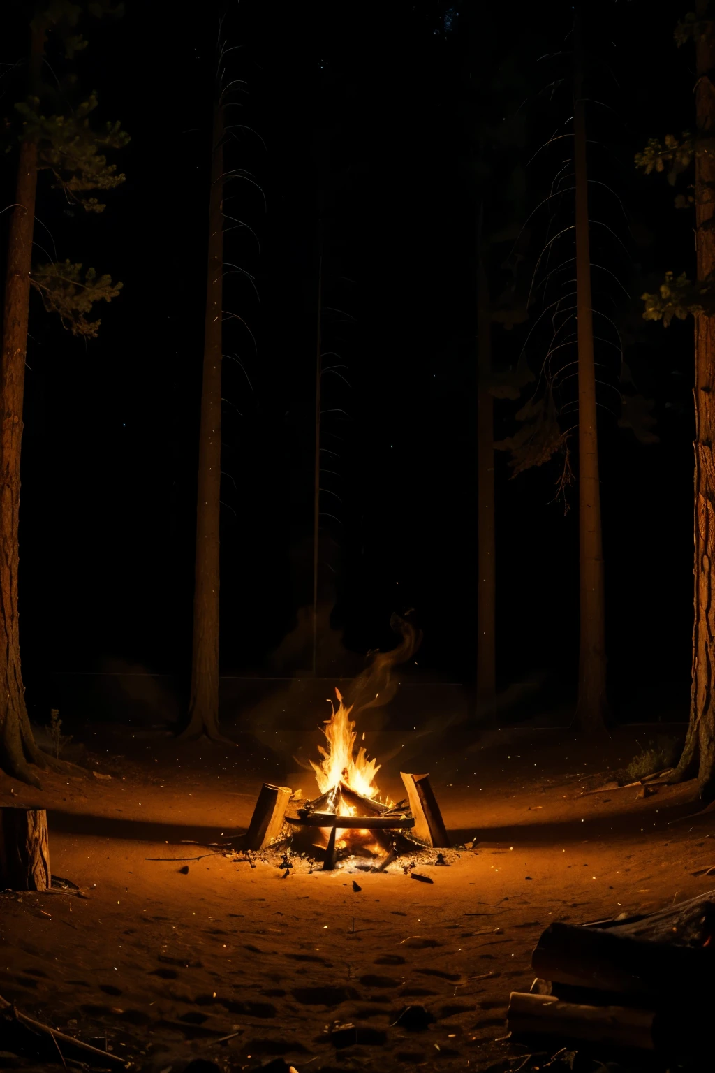 A large campfire, warm orange glow, flickering flames, glowing embers, smoke swirling, night sky, peaceful atmosphere, forest setting, rocks and logs surrounding the fire, coziness, calm, enhanced realism, cinematic lighting, vibrant colors, highly detailed, photorealistic