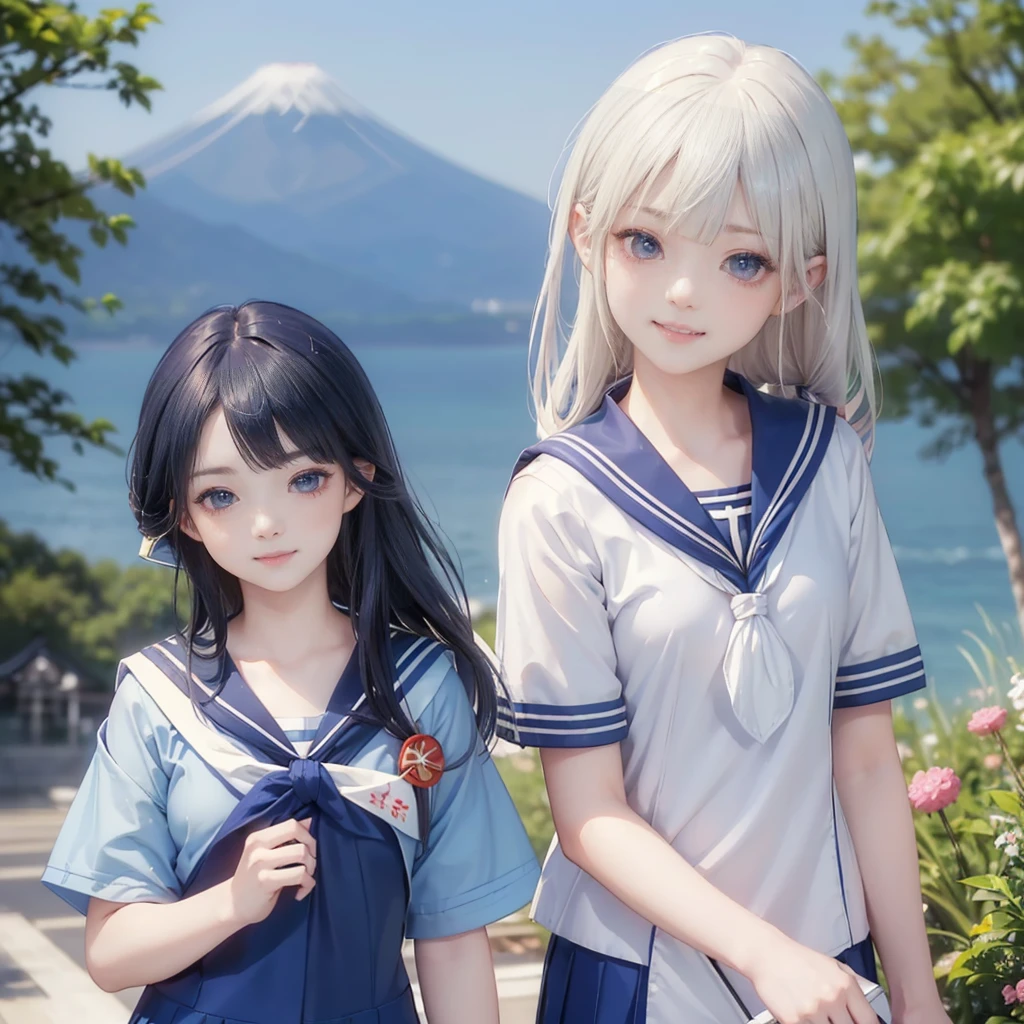 best quality, masterpiece,
Three Japanese-high-school-girls,
looking straight ahead and striking a gutsy pose are standing (separately:1.4), side by side,
wearing a short-sleeved Japanese-blue-high-school-sailor-suit,
(short-sleeved Japanese-blue-high-school-sailor-suit:1.7),
Reddish bow tie, with a school bag,
((too much smile)), very cute, face, head and waist fully visible, (soft eyes:1.2)
upper arms hidden by clothes and hair,(innocent and pure high-school-girls:1.7)
,(The image shows only the upper body:1.7)
(only one well-shaped beautiful mount Fuji:1.2), (shrine:1.2), summer(season) ,(outdoors:1.5),