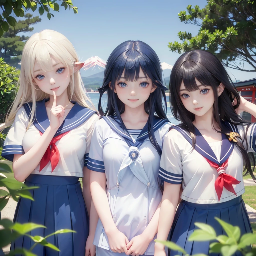 best quality, masterpiece, 

Three Japanese-high-school-girls, 

looking straight ahead and striking a gutsy pose are standing (separately:1.4), side by side, 

wearing  a short-sleeved Japanese-blue-high-school-sailor-suit,

(short-sleeved Japanese-blue-high-school-sailor-suit:1.7),

 Reddish bow tie, with a school bag, 

((too much smile)), very cute, face, head and waist fully visible, (soft eyes:1.2)

upper arms hidden by clothes and hair,(innocent and pure high-school-girls:1.7)

,(The image shows only the upper body:1.7)

 (only one well-shaped beautiful mount Fuji:1.2), (shrine:1.2), summer(season) ,(outdoors:1.5),