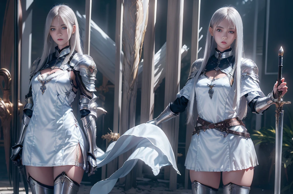 ((realistic 3D anime style image)),((( of a brown-skinned woman))),(( long silver-white hair, gathered in the form of a ponytail)), (((beautiful, cymetrical face))) ,(((nice smile))),(((very detailed blue eyes))), pointed ears, (((body with nice curves))), (((very large breasts))) ,(((narrow waist ))), (((wide hips))) , (((thick thighs))) ,(((white dress with long sleeves and high neck))),(((white skirt with sash))) ,(( blue leather gloves with cuffs)),((wide blue leather belt)),((with a white hooded cape)), (((cape tied by a pair of silver brooches joined by a chain))), ( ((necklace and earrings made of silver))),(((decorated with small transparent diamonds in the shape of a tear))),((( long blue leather boots up to the middle of the thighs))), (((clothing of woman decorated with fine intricate details))),(((holding a shining silver sword))), extremely detailed germen de arte, female knight, aly fell and germen de arte, style of germen de arte, ig model | germen de arte, as seen on germen de arte, of a beautiful female knight, beautiful female knight, style germen de arte, armor girl, beautiful female paladin.