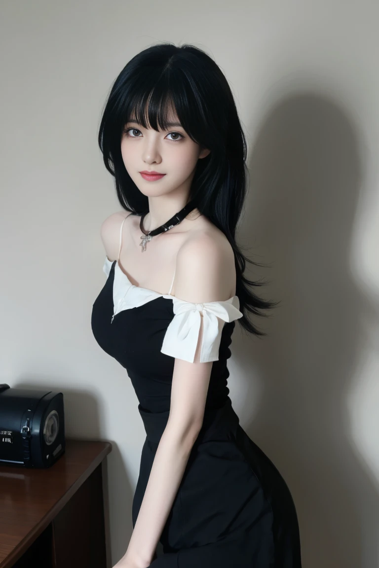best quality, tmasterpiece,Ultra-high resolution,Clear face,（Reality：1.4），ferpect lighting，(upper body shot;1.3), (photorealistic:1.50), anime wallpaper, Guviz style artwork, cover-up fantasy up to magic , by Yang J, Guviz, beautiful artwork illustration, beautiful digital artwork, beautiful digital illustration, Li Song, beautiful anime portrait, art style in Beauvot,1girl,black hair,bangs, smile,(front:1.3),(standing:1.3),cowboy shot,
Sweet girl outfit5, high waist skirt, Black skirt,indoor,In the room, 