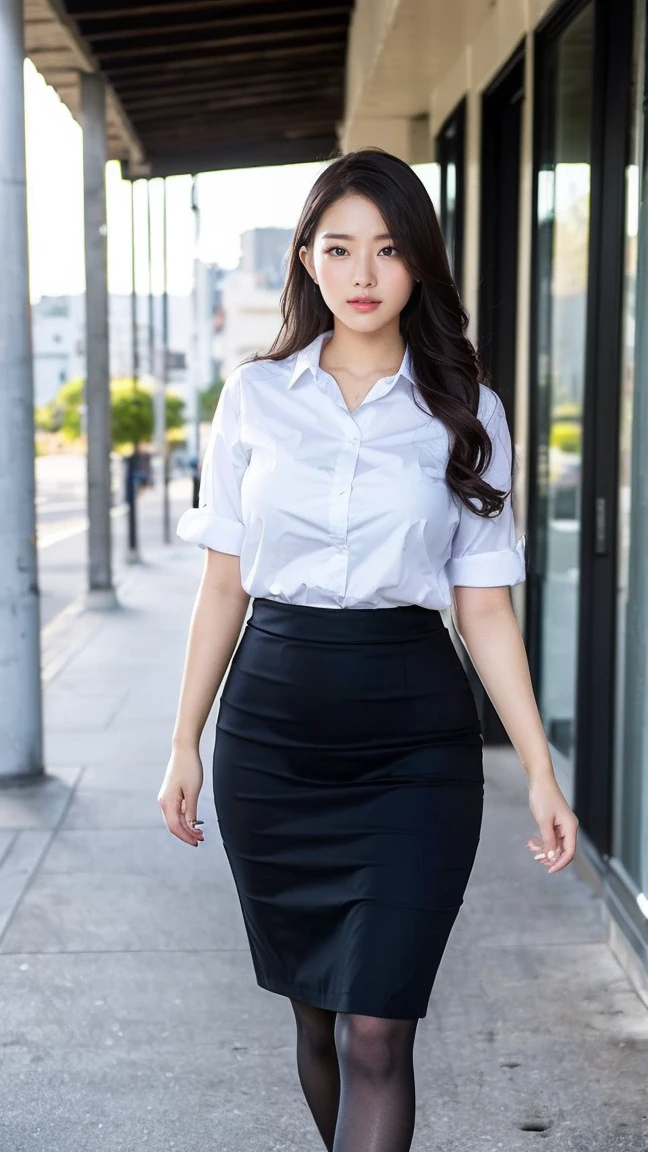 (masutepiece,High quality,16k:1.1),(depth of fields:1.3) ,((front body:1.35)),Japanese ,Woman, ((business suit, pencil skirt)), tights,huge breasts, voluptuous, thicc, curvy,(Looking at Viewer:1.3),(full body shot:1.2),(Beautiful Morning view of town:1.2),