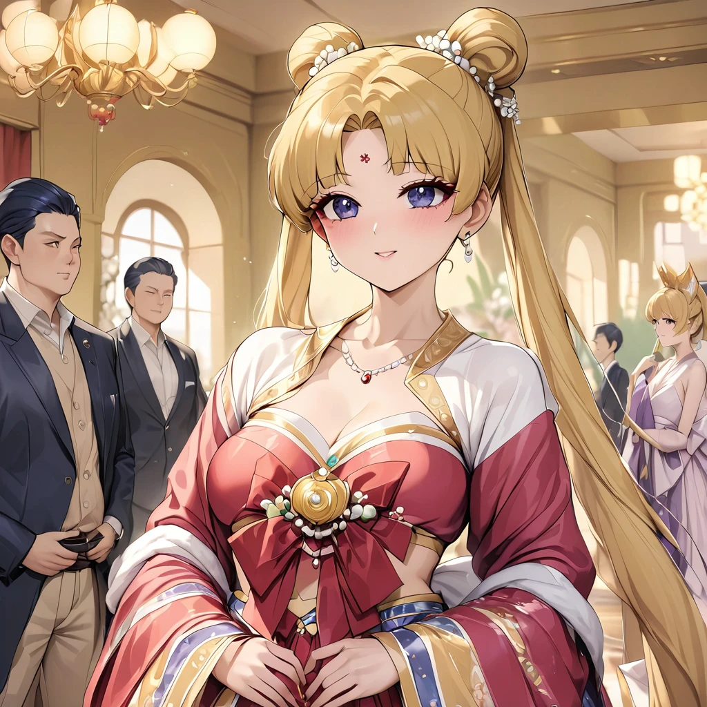((Highest quality)), ((masterpiece)), (detailed), (Perfect Face)、The woman is Tsukino Usagi, with long blonde hair in a chignon twin tail.、The woman is wearing a gorgeous and glittering red ancient Hanfu wedding costume and luxurious jeweled accessories and is getting married to a dignified man, the First Emperor, in a luxurious palace.