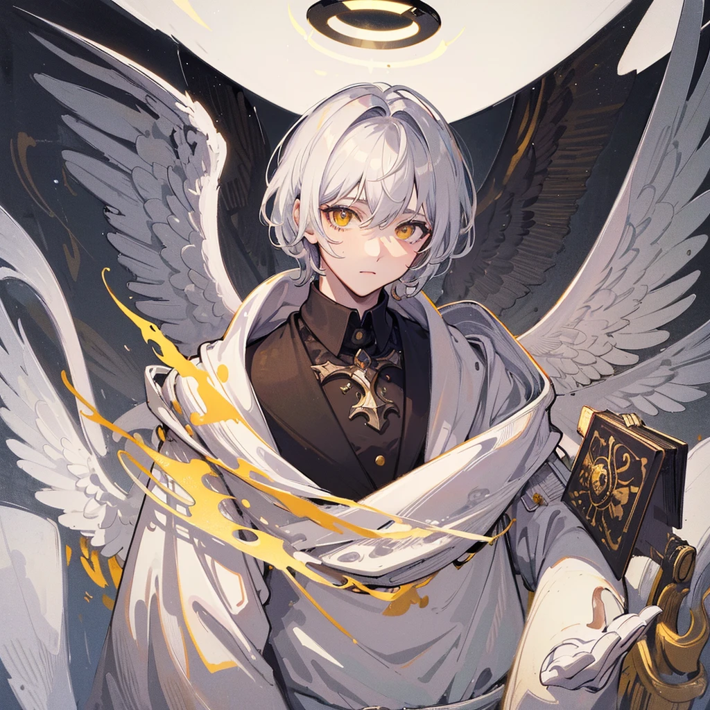 masterpiece, best quality, high quality, ((Masterpiece)), ((High resolution)), ((Fine detail)), (High-definition CG), high contrast, HDR, (official art), 1boy, solo, male focus, looking at viewer, upper body, depth of field, revel_platinum_end, yellow eyes, white hair, wings, halo, angel, angel wings,
