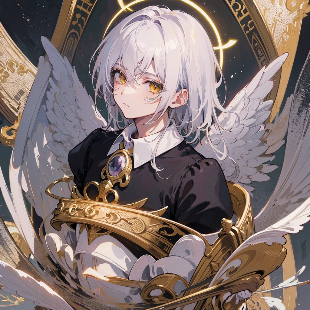 masterpiece, best quality, high quality, ((Masterpiece)), ((High resolution)), ((Fine detail)), (High-definition CG), high contrast, HDR, (official art), 1boy, solo, male focus, looking at viewer, upper body, depth of field, revel_platinum_end, yellow eyes, white hair, wings, halo, angel, angel wings,