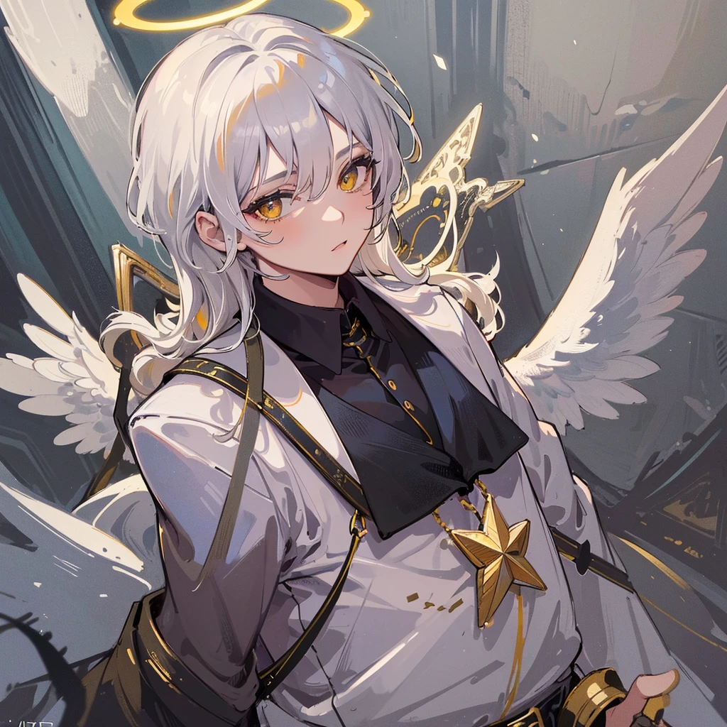 masterpiece, best quality, high quality, ((Masterpiece)), ((High resolution)), ((Fine detail)), (High-definition CG), high contrast, HDR, (official art), 1boy, solo, male focus, looking at viewer, upper body, depth of field, revel_platinum_end, yellow eyes, white hair, wings, halo, angel, angel wings,