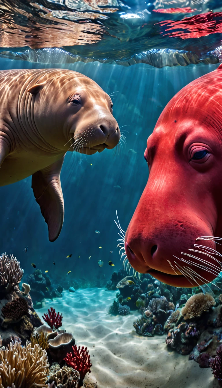 Panorama，Red dugong with human face under water（best quality，4K，8K，High level，masterpiece：1.2），Ultra Detailed，（lifelike，Photo real，Photo real：1.37），Highly detailed animals，Complex patterns，Realistic lighting，Fantasy Creatures