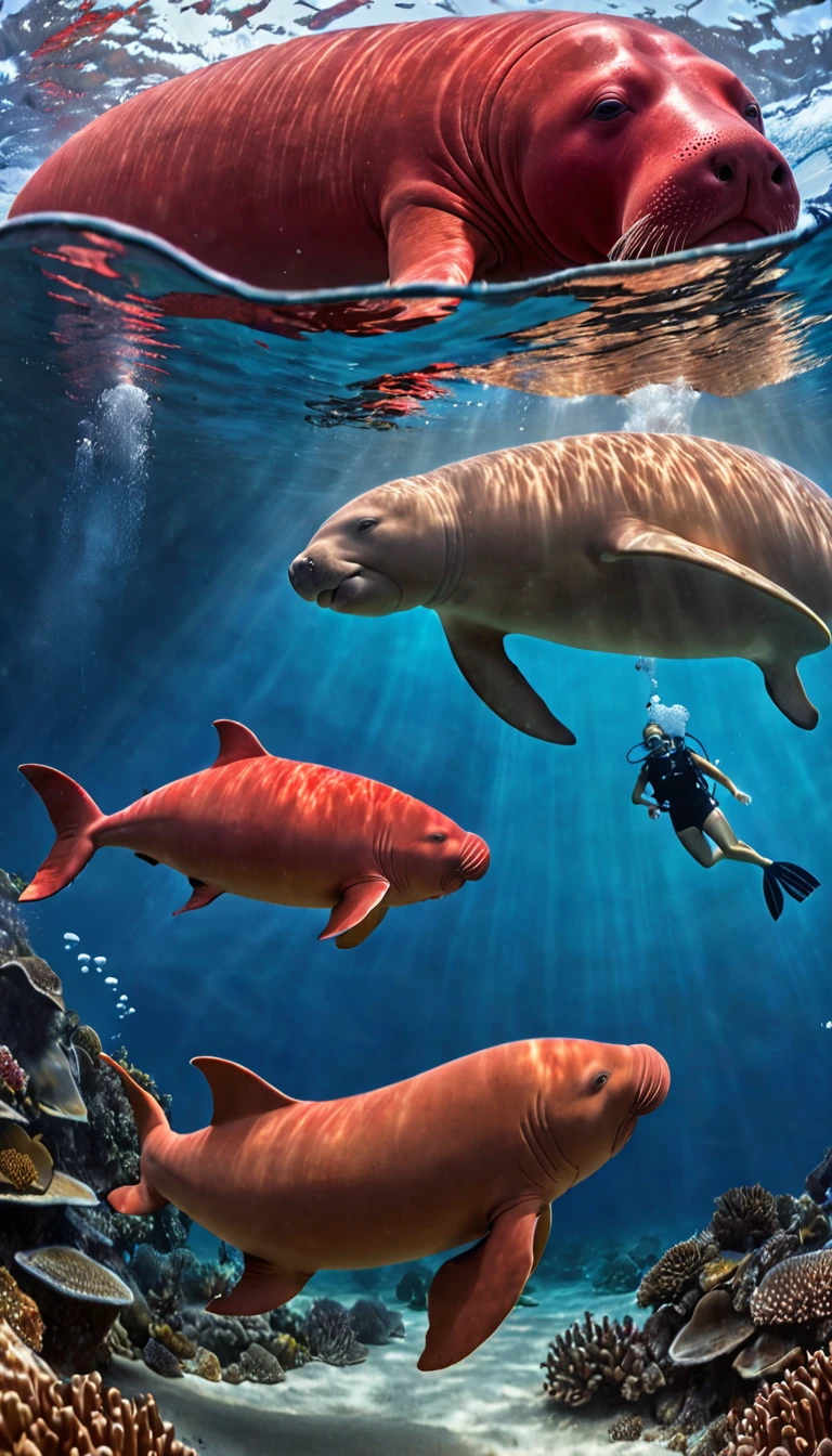 Panorama，Red dugong with human face under water（best quality，4K，8K，High level，masterpiece：1.2），Ultra Detailed，（lifelike，Photo real，Photo real：1.37），Highly detailed animals，Complex patterns，Realistic lighting，Fantasy Creatures